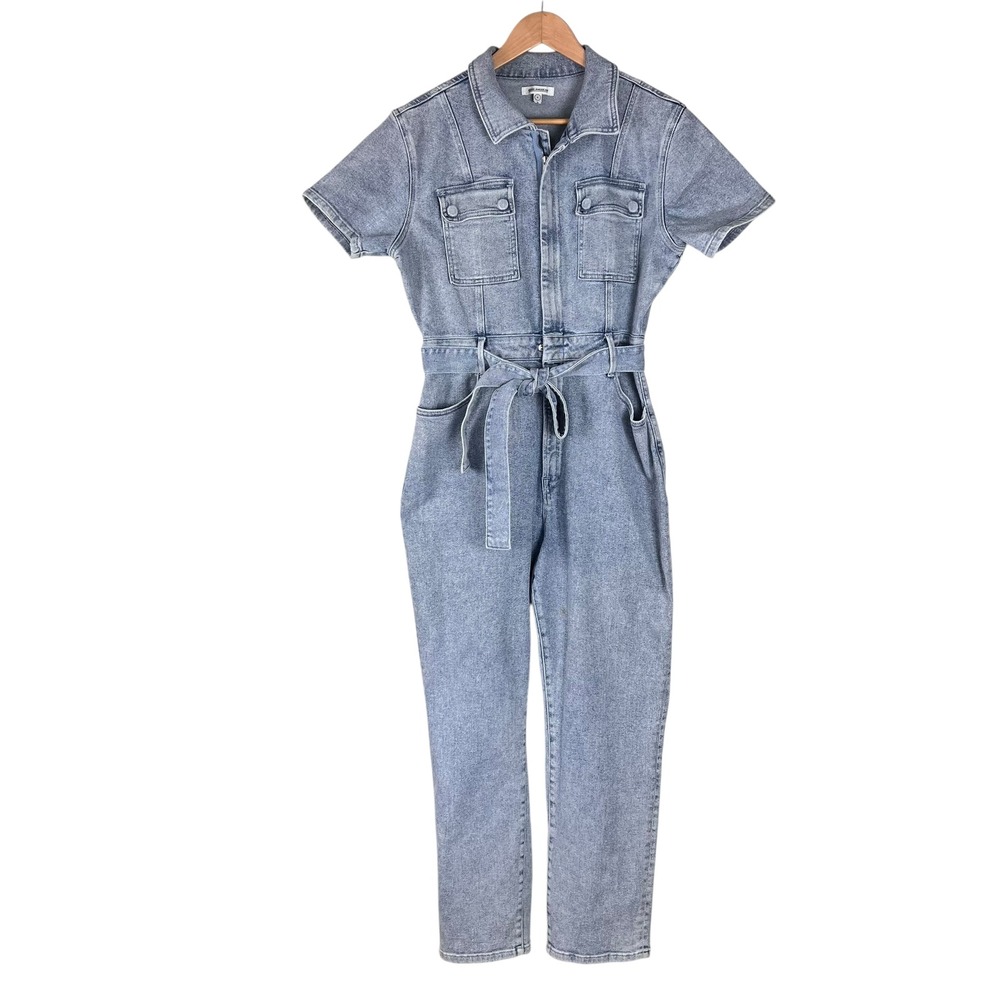 Good American Denim Jumpsuit Light Wash Blue Short Sleeve Utility Size 4